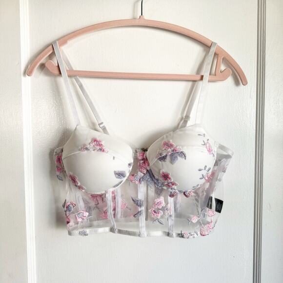 Romantic Bustier Mesh Peek-A-Boo Crop Style Top Bra Floral Embroidery Cottage M - Picture 1 of 14